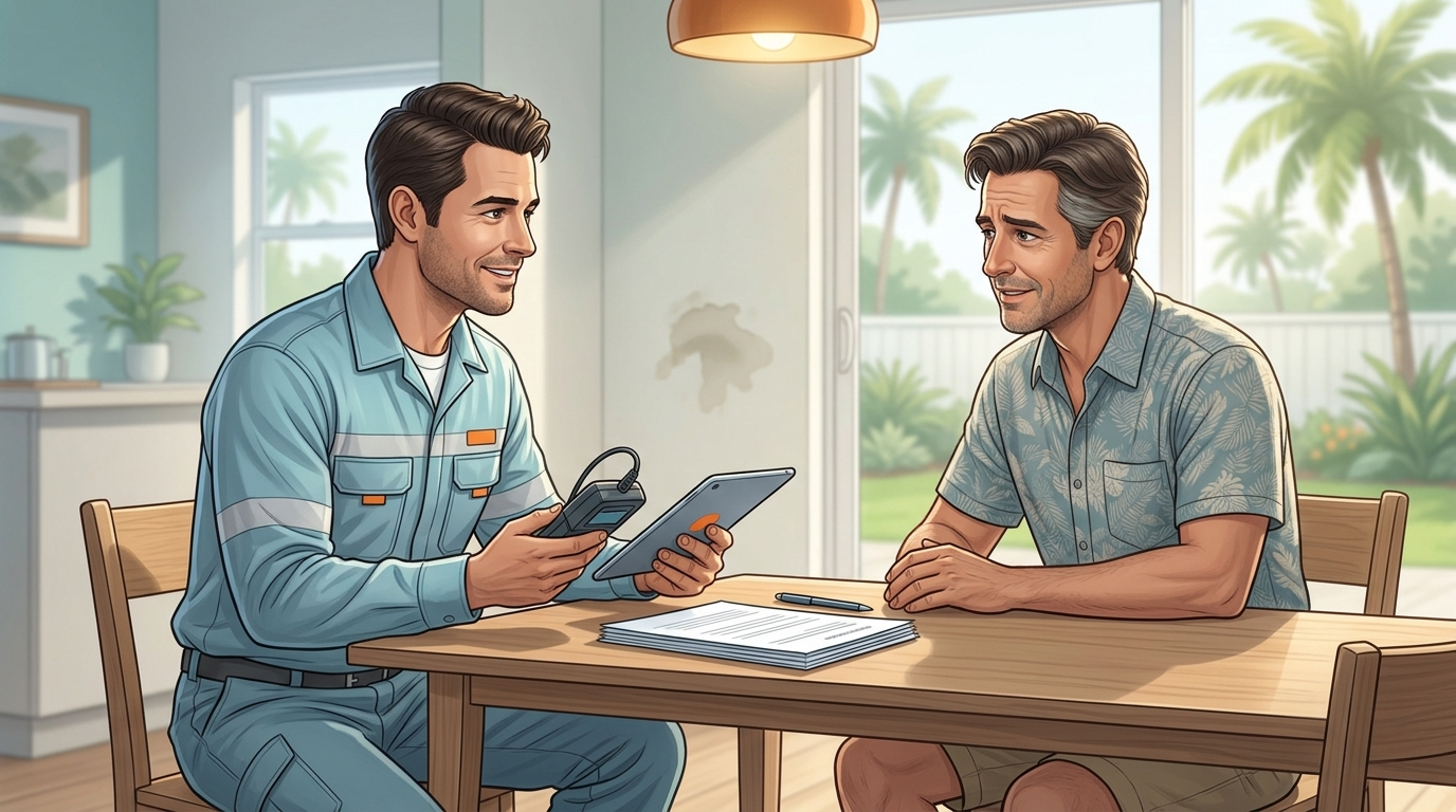 Technician explaining leak detection results to a homeowner reviewing Florida homeowners insurance paperwork