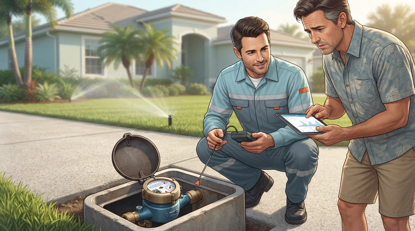 Technician and homeowner checking a water meter after a high water bill in Fort Myers
