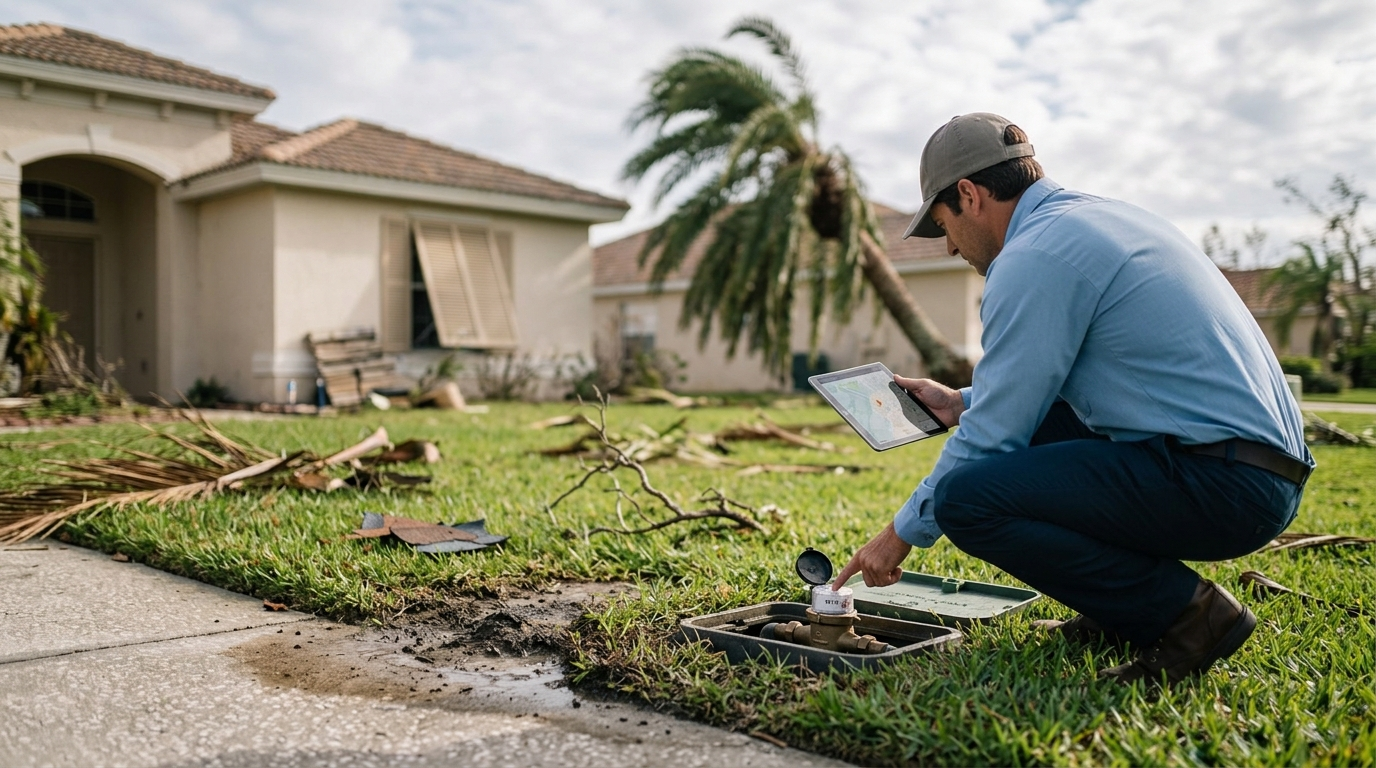 Technician checking an outdoor water meter in a Fort Myers yard after a hurricane, with storm debris nearby