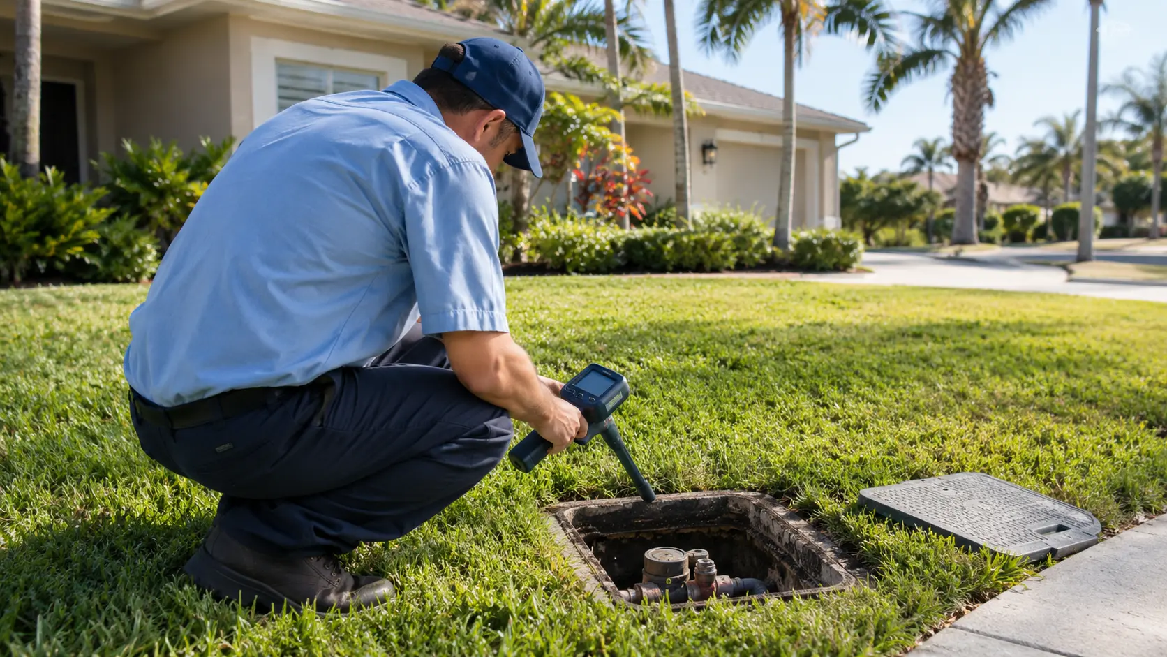 Technician in profile using leak detection equipment at a home in North Fort Myers