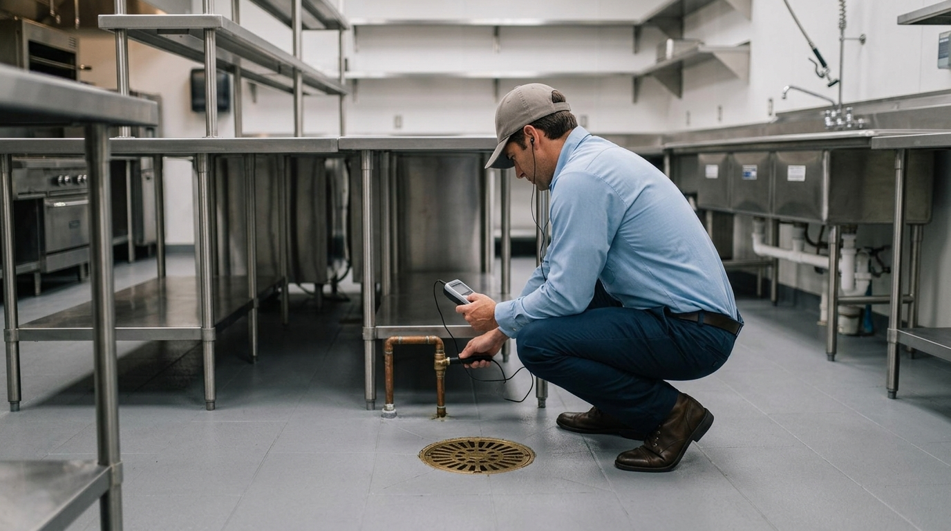 Technician checking a commercial kitchen floor drain and water lines at a Fort Myers restaurant
