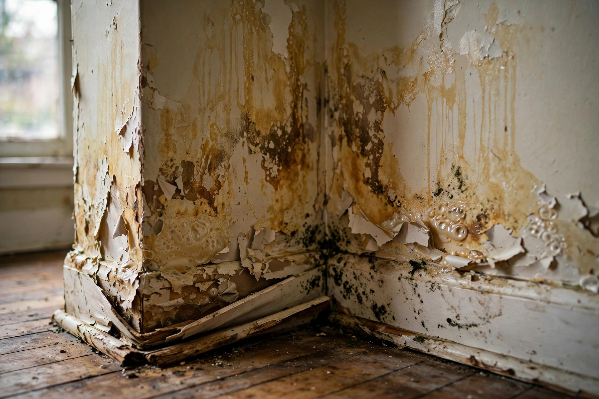 Water-stained drywall with peeling paint and dark mold spots in the corner of a room, a possible sign of a hidden water leak