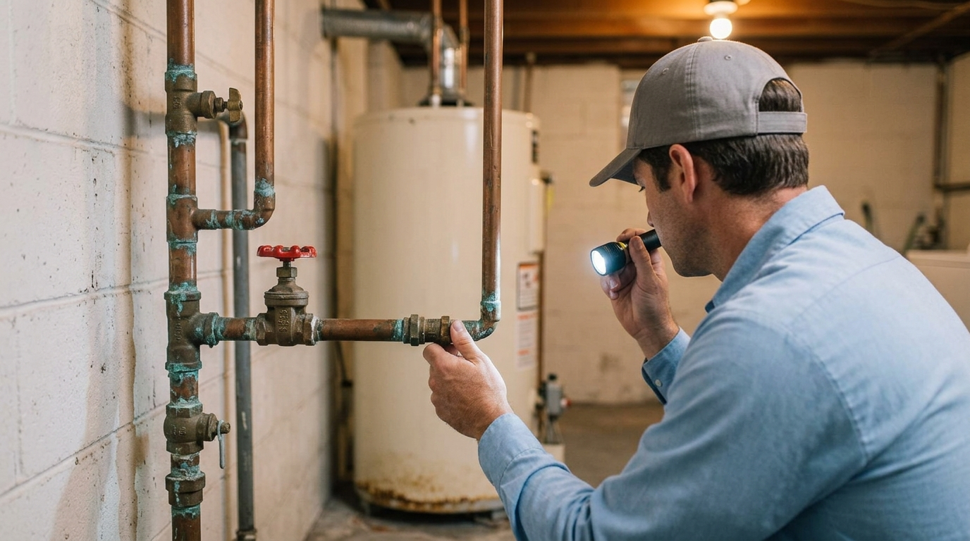 Technician in profile inspecting aging copper pipes and a shutoff valve in an older Fort Myers home