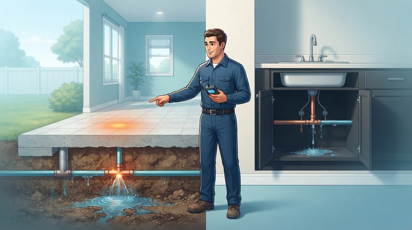 Technician using electronic equipment to locate a slab leak vs plumbing leak in a Fort Myers home