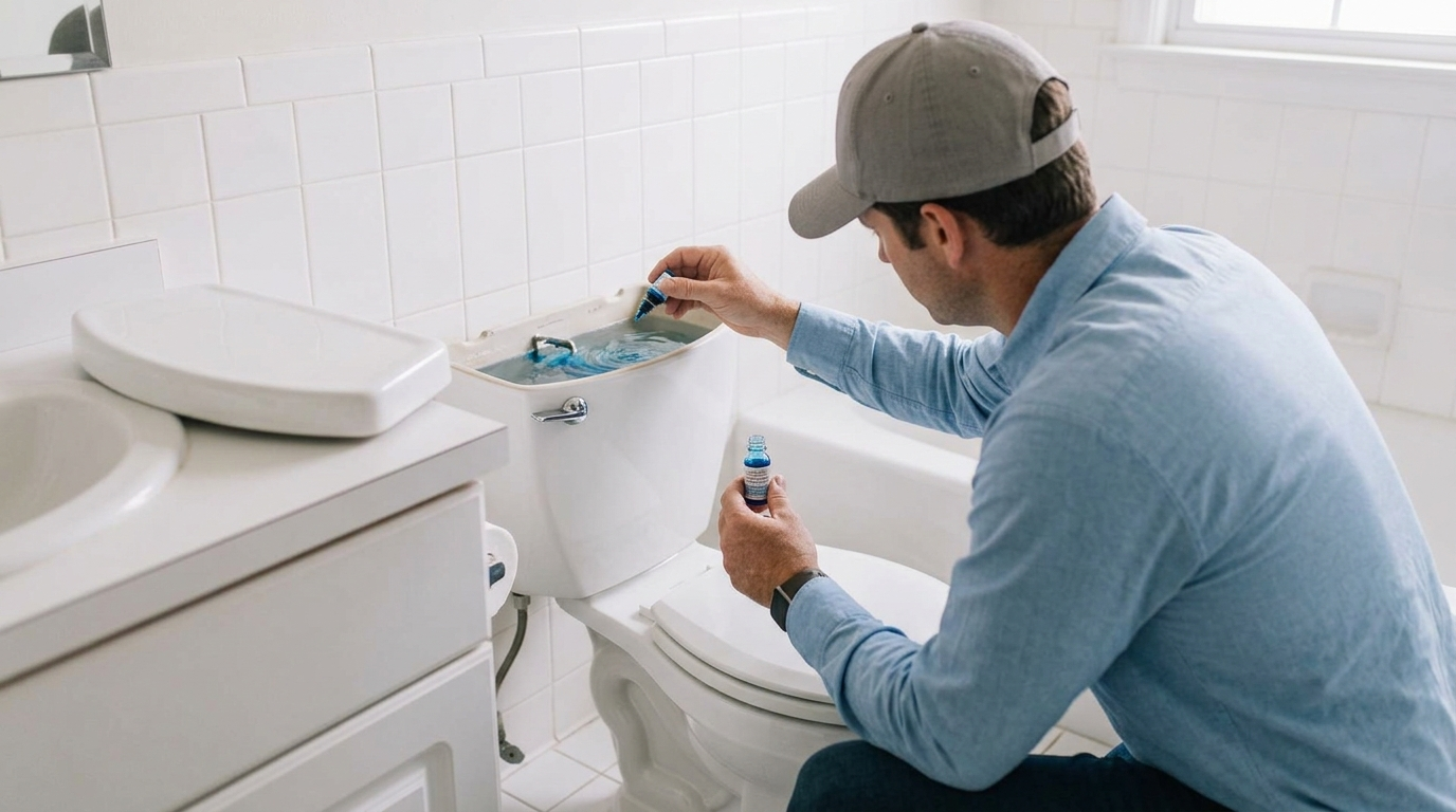 Technician in profile adding blue dye to an open toilet tank to check for a silent toilet leak