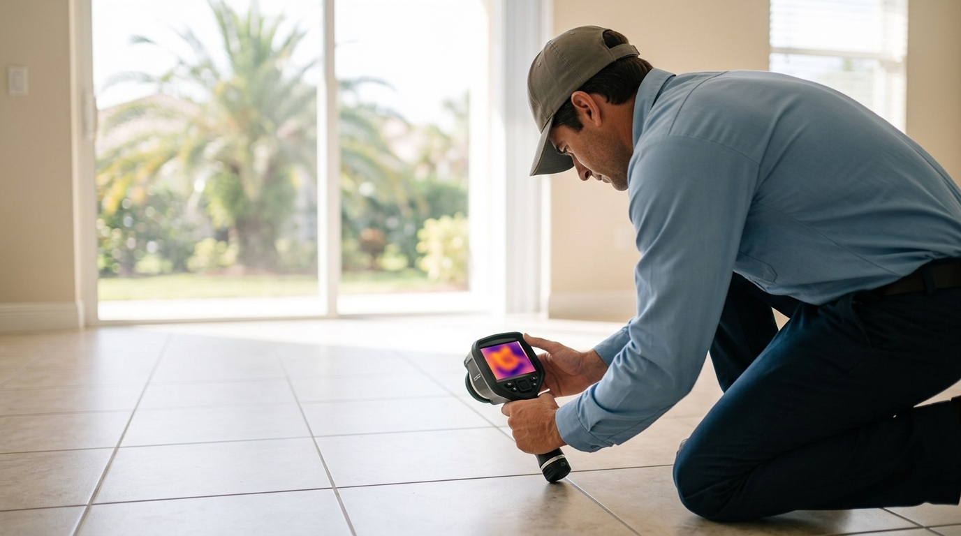 Technician kneeling in profile using a thermal camera to check a warm spot on the floor for a slab leak