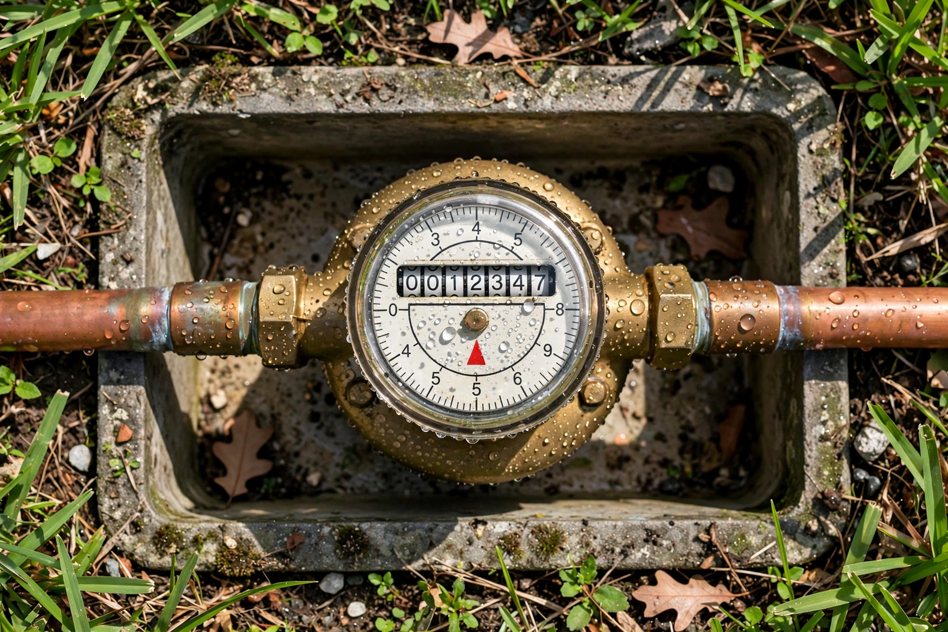 Close-up of a residential water meter dial inside an open meter box, showing the odometer reading and the red leak indicator triangle