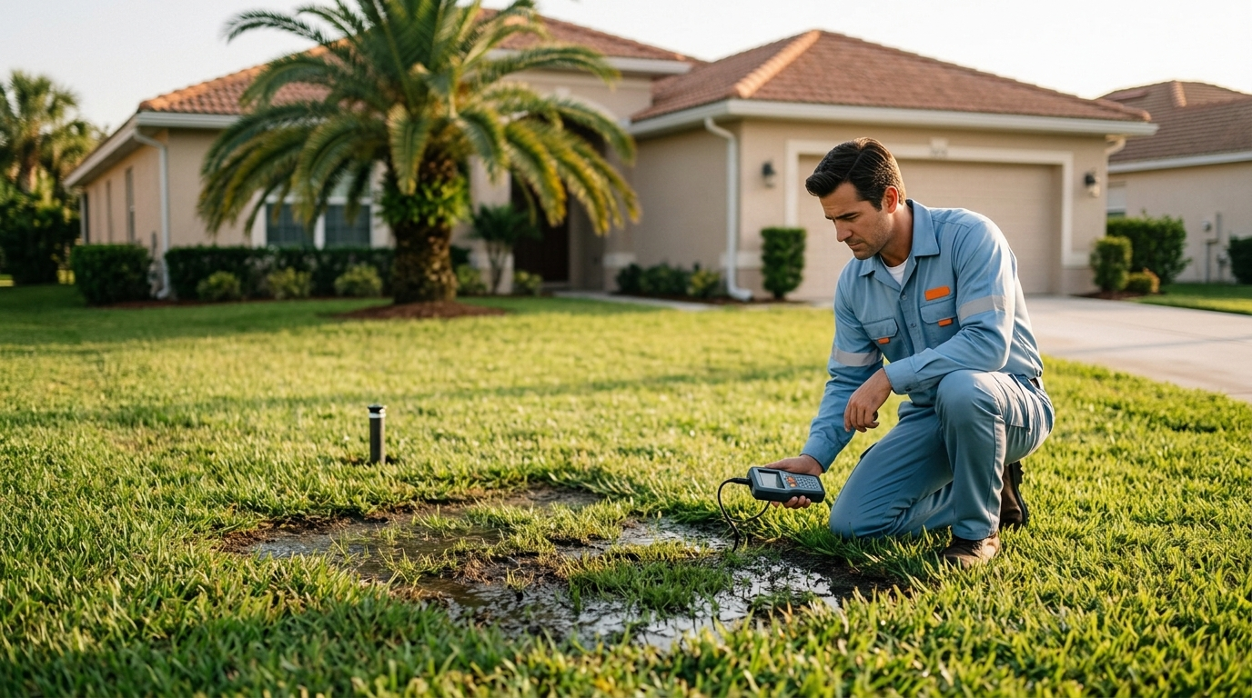 Wet spot in the yard of a Fort Myers home as a technician checks for an irrigation leak or main line leak